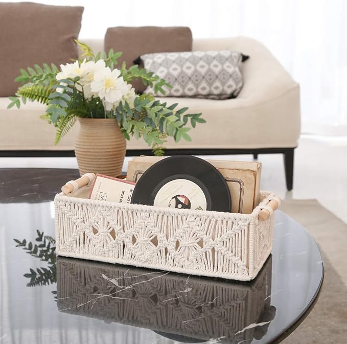 Mkono 2Pc Macrame Storage Baskets, Boho Bathroom Toilet Paper Holder, Ivory | Small Baskets for Organizing, Hand-Woven, Bohemian Beach Coastal Decor, Shelf Vanity Cabinet Bedroom Living Room Office Dorm