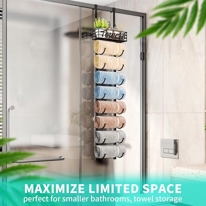 HapiRm Towel Racks for Bathroom Storage - 9 Tier Over The Door & Wall Mount Rolled Towel Storage Organizer Holder with Metal Shelf Basket for Small Bathroom, Camper, Rv - Black, Patented