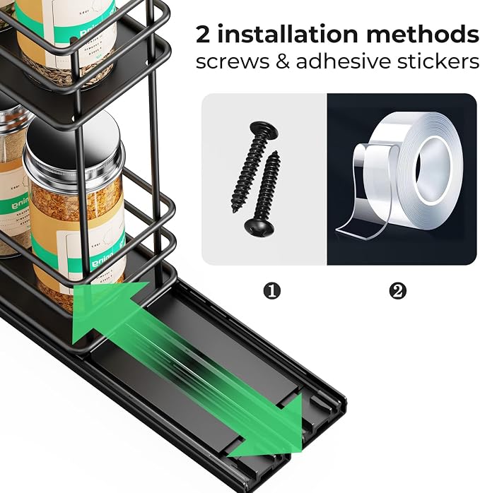Mystozer Pull Out Spice Rack Organizer for Cabinet, Slide Out Spice Racks, Easy to Install Spice Cabinet Organizer, 2.5" Wx10.43 Dx8.26 H, 1 Drawer 2 Tiers（Black）
