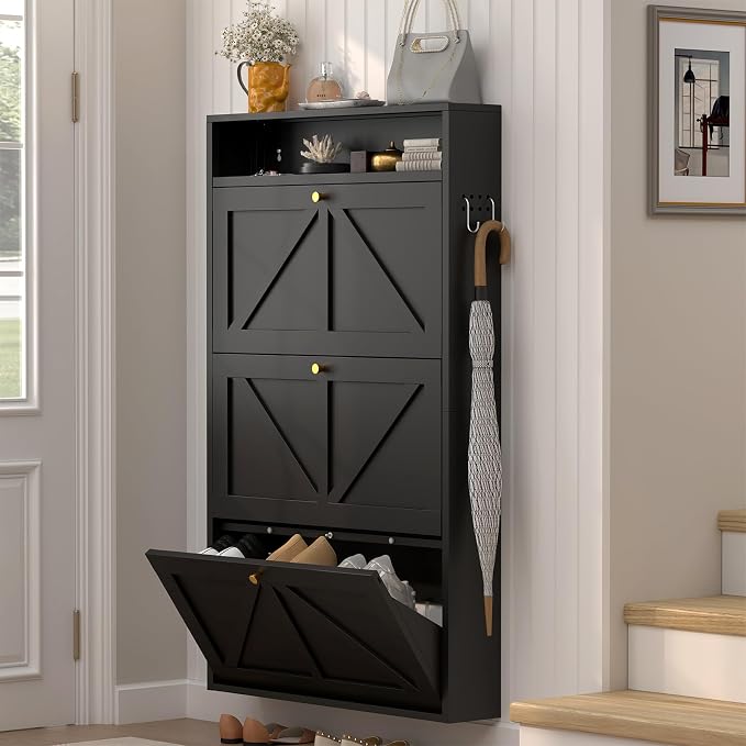 Modern Enclosed Shoe Rack, 3 Flip Drawer Shoe Storage with Open Top Shelf & Hooks, Slim Wall Mounted Shoe Cabinet for Small Space, Thin Storage for Shoes, Anti-Tip Design, Black