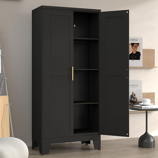 Winiowa Metal Pantry Cabinet with 2 Doors and Adjustable Shelves, 61"Kitchen Storage Cabinet with Gold Handles, Versatile Storage for Laundry, Living, Bathroom, Dining, Utility Room - Black