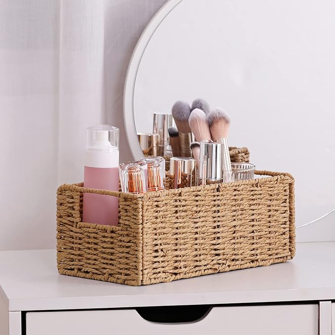 Vagusicc Wicker Storage Basket, Set of 2 Hand-Woven Paper Rope Wicker Basket, Small Storage Baskets for Organizing Toilet Paper Basket, Foldable Large Cube Storage Organizer Bins for Shelves (Natural)