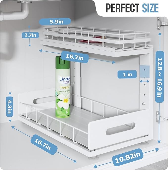 Under Sink Organizer Upgrade To Professional Rails,2-Tier Dual Pull Out Cabinet Storage,Height Adjustable Slide Out Drawers For Bathroom Kitchen,2 Pack-16.7"Dx12.8"-16.9"H,White