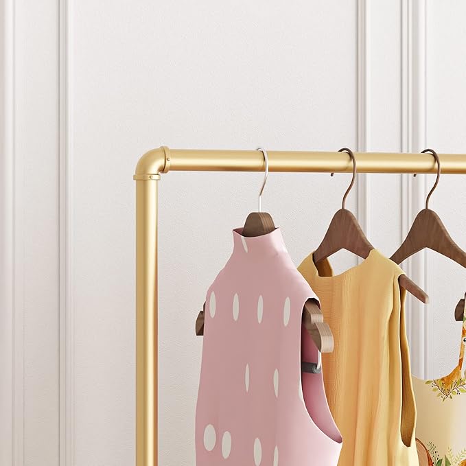 Gold Metal Clothing Rack with Wood Shelf, Heavy Duty Rolling Garment Rack with Wheels for Bedroom Retail Boutique Use (61L inches)