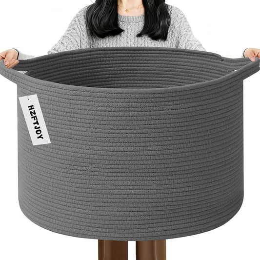 115L Extra Large Blanket Basket,Woven Rope Laundry Basket-Dark Grey | Collapsible, reinforced handles, nursery storage bin organizes clothes, toys and pillows for living room, bedroom bathroom.