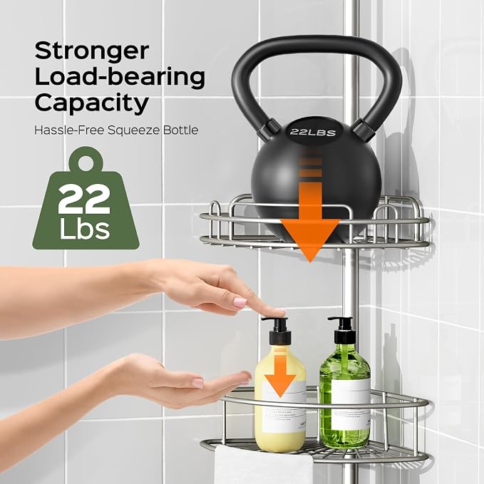 HAMITOR Shower Caddy Tension Pole: 4-Tier Rustproof Bathroom Corner Shelf Organizer for Renter - No Drill Large Shampoo Storage Rack - Adjustable 47-121" - Space Saving Bathtub Accessory - Silver Gray