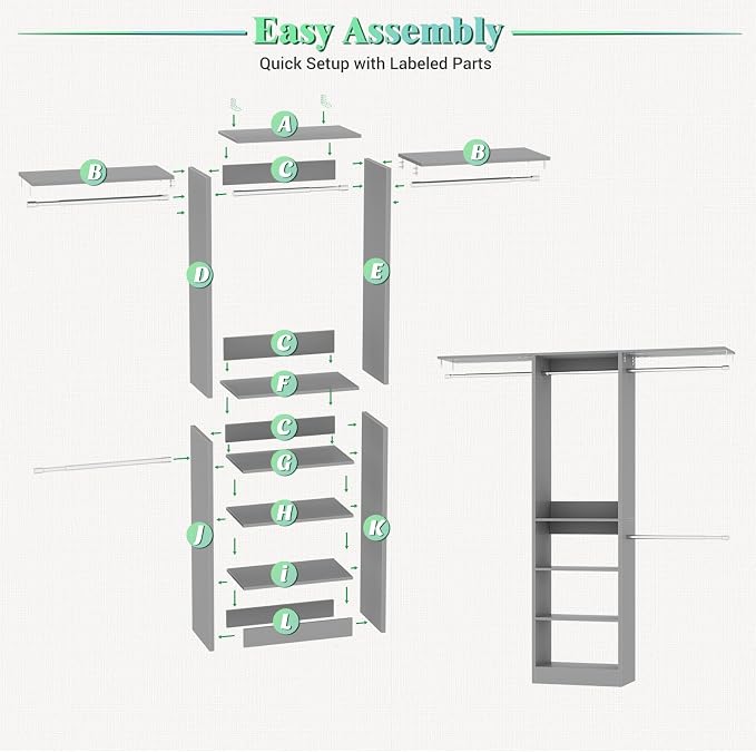 Besiost 48" Closet Organizer System, 4FT Closet System for Small Closets with 4 Hanging Rods & 3 Shelves, 80"H Small Closet Organizers and Storage for Bedrooms, Cloakrooms, Gray