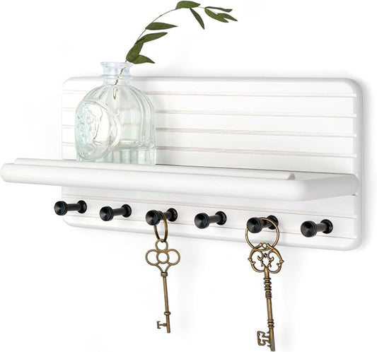 Rebee Vision Pine Key Holder Wall Mount with 6 Hooks for Room Decor, White | Pine Wood, 6 Key Hooks, Key Holder for Wall, Floating Shelf, Mail Organizer, Apartment Essential for Home Improvement