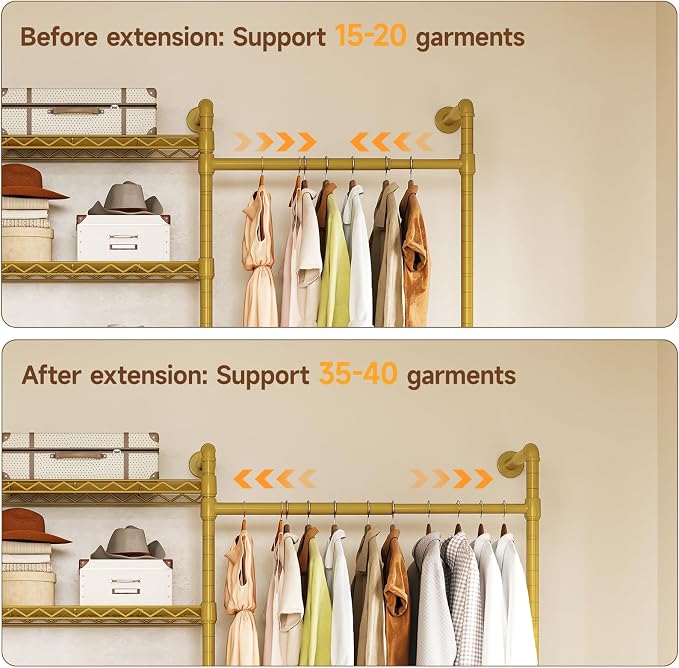 ONBRILL H3 Expandable Wall Mounted Closet System, 5.4FT-8.1FT Closet Organizer with 4 Telescopic Rods & 6 Wire Shelves, Industrial Pipe Clothing Rack for Walk-in & Reach-in Closet (Gold)