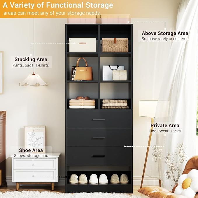 Homieasy Closet System Organizer with 3 Drawers and Partition Storage, Freestanding Wardrobe Organizer Modular with Shoe Shelf, Expandable for Walk-in or Reach-in Closets, Black