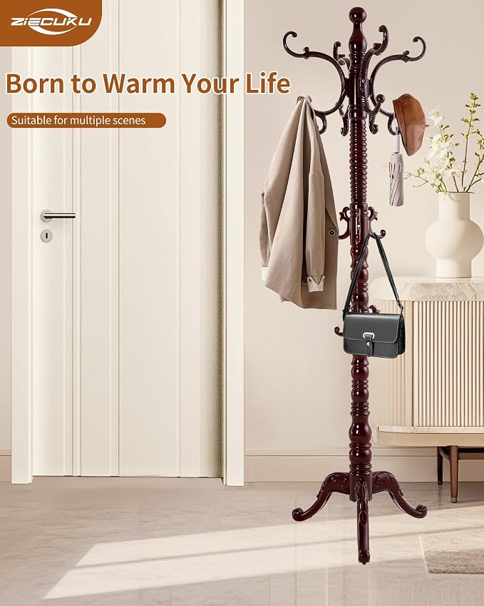 Wooden Coat Rack Freestanding, Solid Wood Coat Rack Stand with 14 Hooks, Vintage Heavy Duty Coat Racks,Standing Coat Jacket Hanger Tree Stand for Corner, Office, Entryway