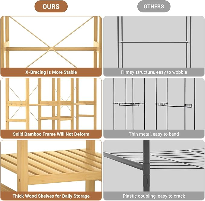 Bamboo Closet System Clothes Rack, Large Freestanding Garment Rack Clothing Rack for Hanging Clothes with 7 Storage Shelves and 5 Rods, Open Wardrobe Organizer with 4 Hooks, Natural