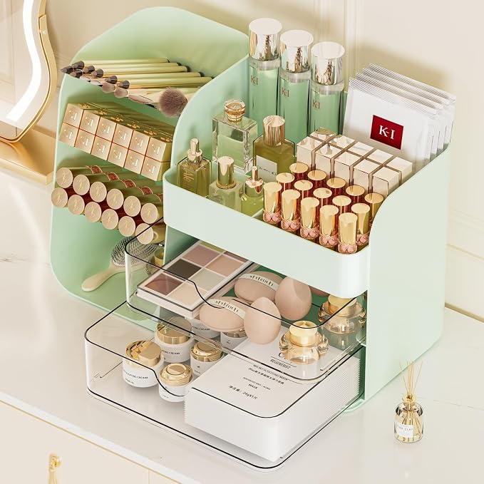 Booklov Small Makeup Organizer for Vanity Countertop, Green | Clear Acrylic Cosmetic Display Case, Beauty Brush Holder for Bathroom Counter, Make Up Skincare Lipsticks Storage