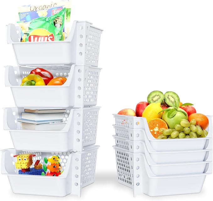 Skywin Stackable Storage Bins Open Front for Pantry Storage, 4 Pack - White | Sturdy Plastic, Easy Stacking, Breathable & Open Front Design, Pantry Storage for Snacks, Toiletries, and Small Essentials