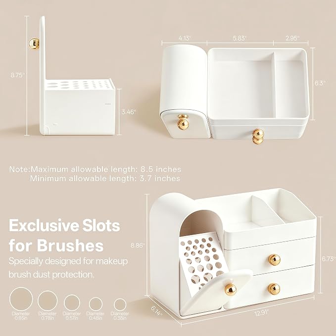 HBlife Makeup Organizer Countertop with Drawers, Vanity Organizers with Brush Holder, Bathroom Counter Organizer for Perfume, Nail Polishes, Lipsticks, Skincare and Eyeshadow Palettes, White