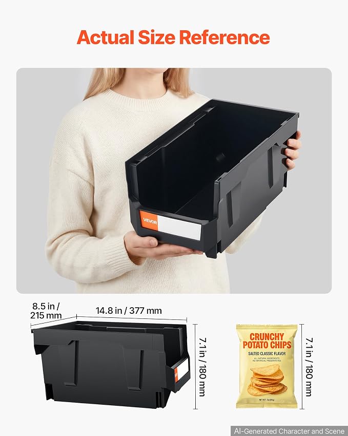 VEVOR Plastic Stackable Storage Bins, 14.8 x 8.5 x 7.1 inch (12 Pack), Plastic Containers for Organizing & Storage Bins for Garage, Small Parts, Office Supplies, Other Accessories, Black & Transparent