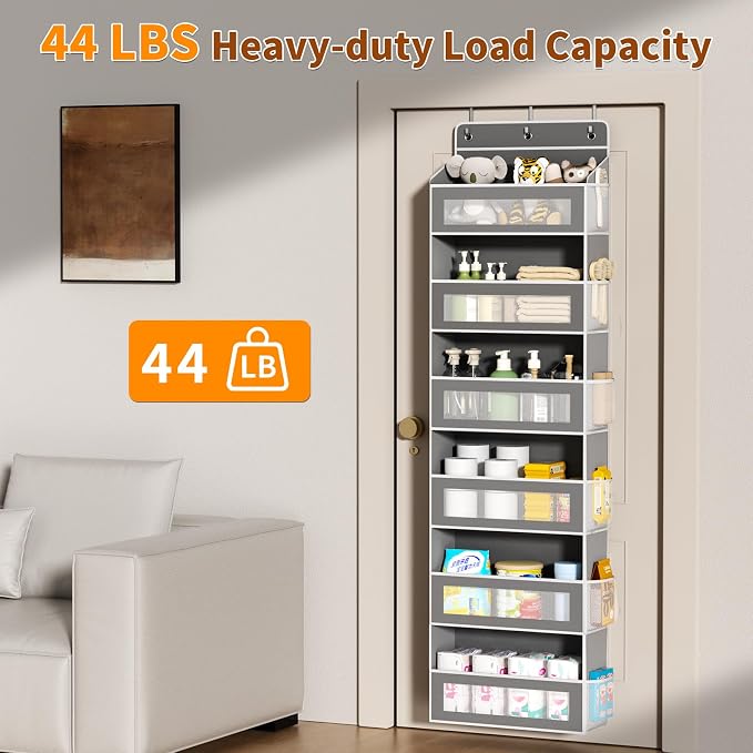 AQOOA 6-Tier Over The Door Organizer 44 lbs Capacity fit Standard Doors | Over the Door Storage 6 Large 12 Side Pockets Behind Door Storage, Closet Door Organizer Hanging Shelf, Grey