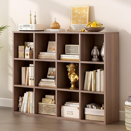OSCHF 12-Cube Storage Shelf Bookcase, Walnut | Wooden 3-Tier Open Bookshelf, Fits 11×11" Bins, Vertical or Horizontal Use, Full Back Panels, For Home Office