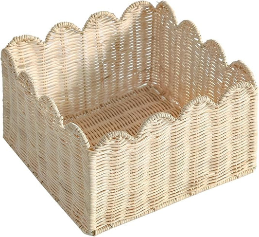 Scalloped Basket, Wicker Storage Baskets, Hand Woven Baskets for Shelves,Natural Baskets for Organizing (Rattan&S-9.5" L x 9.5" W x 5.6" H)