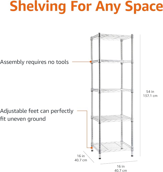 Amazon Basics 5-Shelf Tower Adjustable Storage Shelving Unit, Chrome, 16" x 16" x 54", 150 lbs Per Shelf | Tower