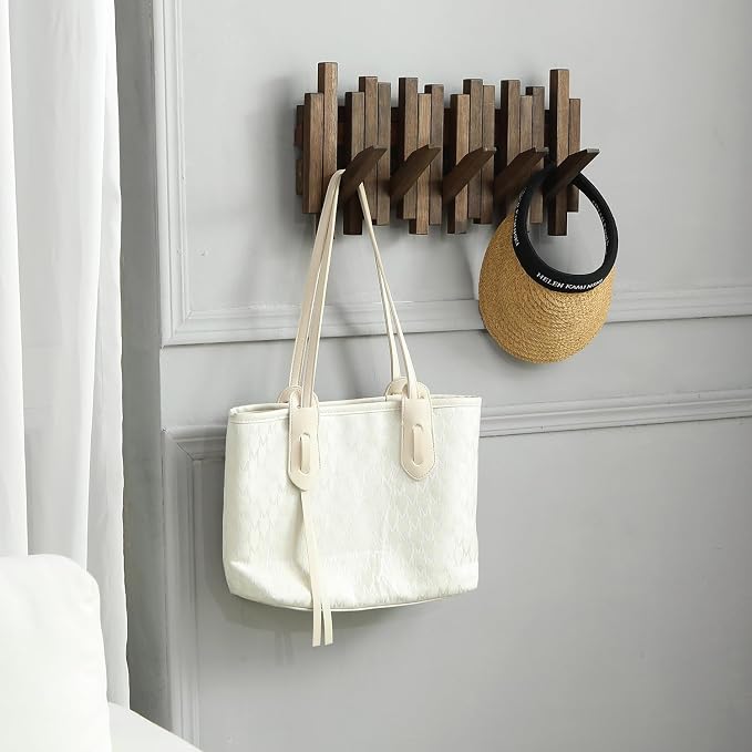 Natural Wood Wall Mounted Piano Coat Rack| Coat Rack Wall Mount| Flip Down Wall Hook Rack 5 Hooks| Entryway Coat Rack,Made of Acacia Wood (Walnut Color Dyed with Wood Wax Oil).Wall Art