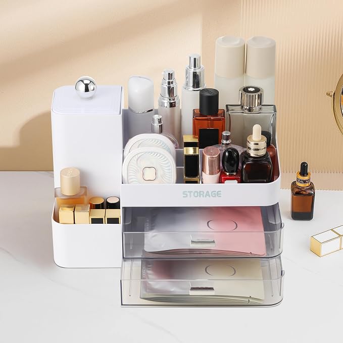 Large Makeup Organizer Countertop with Drawers, Make Up Organizer for Vanity, Makeup Storage Organizer Countertop Makeup Organizers for Skincare (Style2-White)
