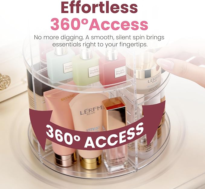 Masirs 360 Rotating Makeup Organizer Countertop, Adjustable Shelf, Clear | 360-Degree Rotating Makeup Organizer, Adjustable Shelf Height, Cosmetic Perfume Skincare Storage, Vanity Countertop, Clear