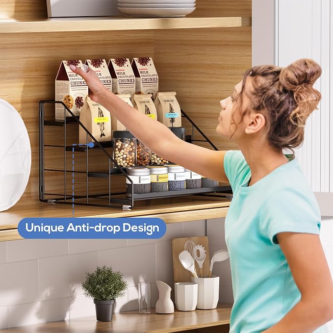 Spice Rack Organizer for Cabinet, 4 Tiered Spice Rack Organizer, Tiered Adjustable Spice Shelf for Kitchen Countertop Organization, Bright Black