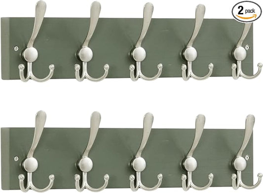 SKOLOO Creations Forest Green Solid Wood Wall Mounted Coat Rack, 5 Hooks, 16-7/8" Long - Kitchen, Mudroom, Entryway, Bathroom - Includes Mounting Hardware, Wall Coat Hanger, Towel Rack, Pack of 2