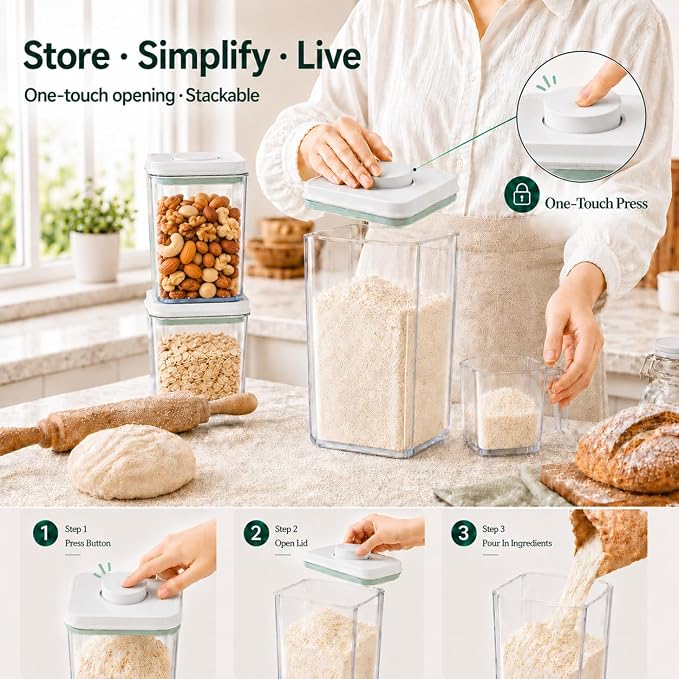 POP Airtight Flour-Rice Food-Storage Container - 4L/4.2Qt Jar with Lid(4Pc) and 3.3Oz Scoop(4Pc) | BPA-Free | Perfect for Storing Grains, pasta, Snacks | Stackable and Durable