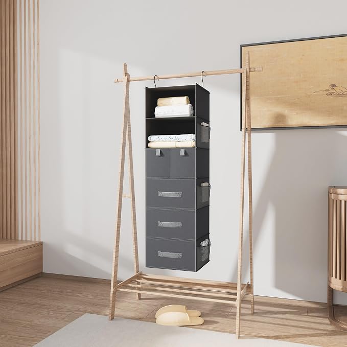 6-Shelf Hanging Closet Organizer with 5 Drawers, Non-Woven, Dark Gray | Spacious compartments sort clothes & undergarments; foldable drawers add hidden storage for closets, wardrobes or RVs.