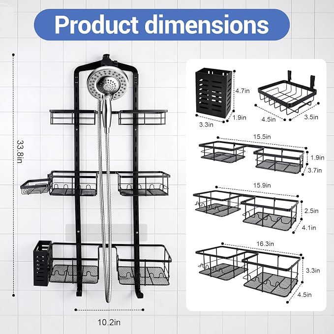 Extra Large Shower Caddy Hanging, Rust-Resistant Shower Organizer Hanging, 3 Tier Height-Adjustable Over the Head Caddy, Rack with Soap Basket (Black)