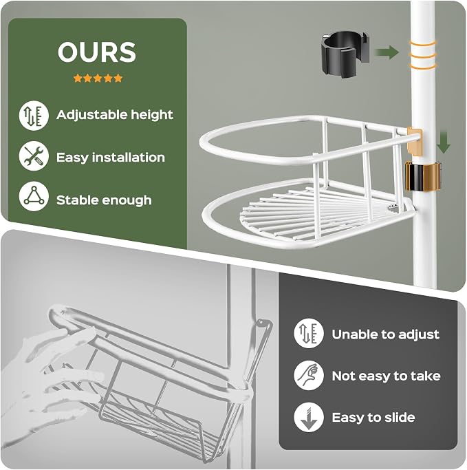 HAMITOR Corner Shower Caddy Tension Pole: Rustproof Bathroom Organizer Shelves for Bathtub Shampoo Accessories Storage Holder - 47.72-123.6 Inch Adjust - White