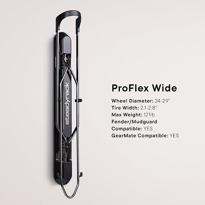 Steadyrack Swivel Bike Rack Wall Mount, Vertical Storage for Heavy eMTB | ProFlex Wide holds rugged eMTB and mountain bikes to 121 lb. Roll-in, roll-out, includes GearMate SteadySpine.