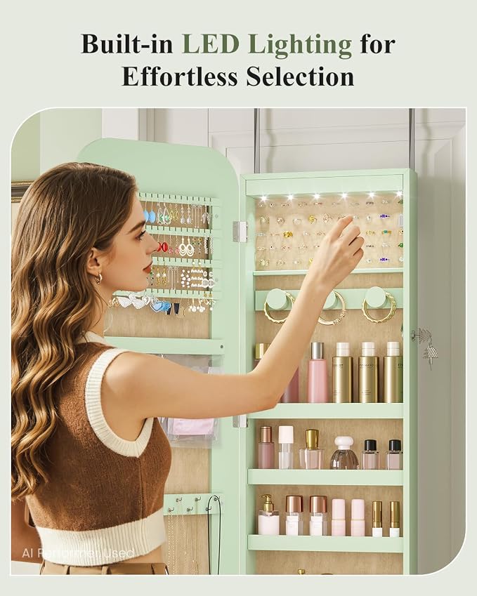 6 LEDs Mirror Jewelry Cabinet Door Hanging, 42.5", Lockable, Green | Jewelry Organizer with Full Length Mirror, Wall Mounted Large Jewelry Storage for Earrings, Rings, Necklaces