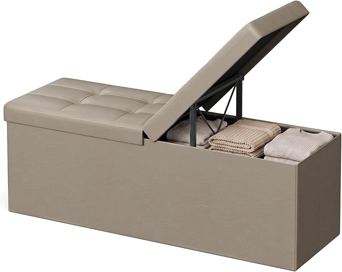 SONGMICS Home Foldable Foot Rest Stool, Storage Ottoman, Tufted Design, PU Leather, Easy Assembly and Cleaning, for Entryway, Living Room, Bedroom, 43.2 Inches, Khaki