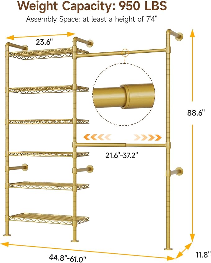 H2 Wall Mounted Clothing Rack, Expandable Industrial Pipe Clothes Rack Garment Racks for Hanging Clothes, Heavy Duty Closet Organizers and Storage in Closet System, Gold