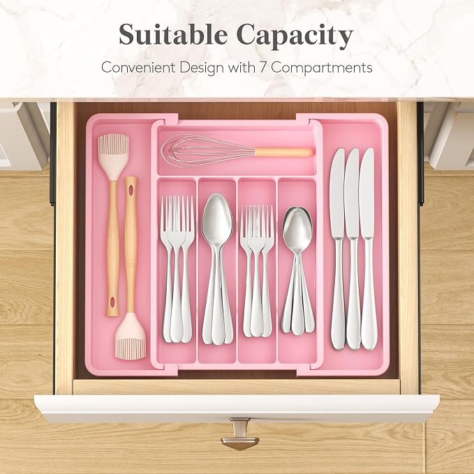 Lifewit Silverware Drawer Organizer, Expandable Utensil Tray for Kitchen, BPA Free Flatware and Cutlery Holder, Adjustable Plastic Storage for Spoons Forks Knives, 8.5"-14.1" x 12.1", Pink