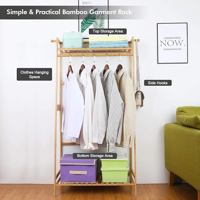 Ufine Bamboo Clothes Hanging Rack with 2 Tier Storage Shelves, 2 Coat Hooks | Portable Laundry Rack Closet Organizer Garment Rack for Bedroom Guest Room