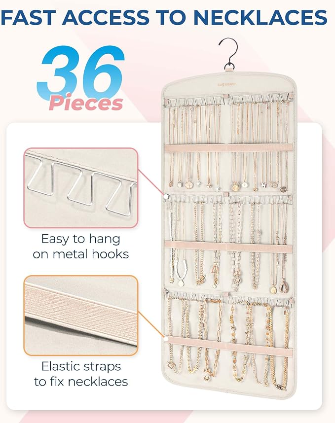 BAGSMART Hanging Jewelry Organizer, Necklace Holder Anti-tangle with 20 Jewelry Storage,1 Piece, Large Beige