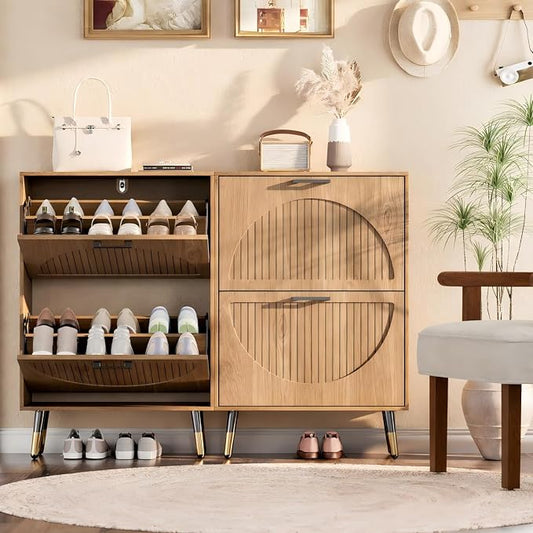Farmhouse Shoe Cabinet Storage for Entryway, Slim Shoe Rack Cabinet with 4 Flip Drawers, Narrow Shoe Organizer Cabinet with Stylish Round Panel, Metal Leg and Handle