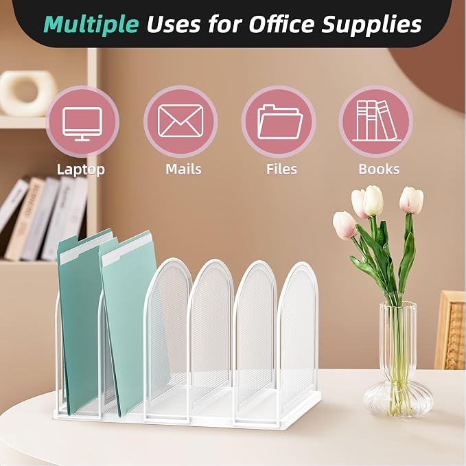 SUPEASY File Organizer 5-Section Mesh Desk Organizer, Upright File Organizer Desktop Organizer File Sorter, File Folder Holder for Office Supplies, White | 5 Vertical Compartments with Sturdy Metal Base for Office Documents Books Magazines and Laptop