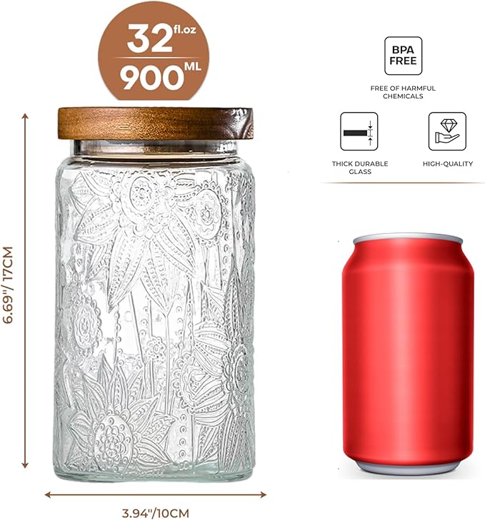 Adodeen 32oz Vintage Glass Jars With Lids, Airtight Food Storage Containers, Kitchen Canisters For Sugar, Coffee, Tea, Spice, Flour, Candy Cookie, Pasta, Cereal, Cute Decorative Jars | Airtight Glass Food Storage Containers, Kitchen Canisters For Sugar...