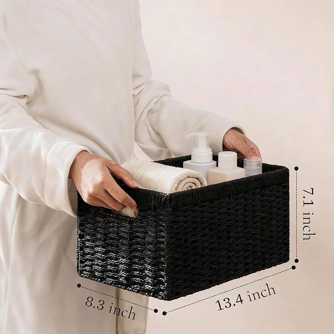 joybest Black Wicker Baskets for Shelves, Hand-woven Storage Baskets | 13.4L x 8.3W x 7.1H inch for Pantry, Kichen Organizing, Foldable Rectangular Bin with Handles, 2-pack