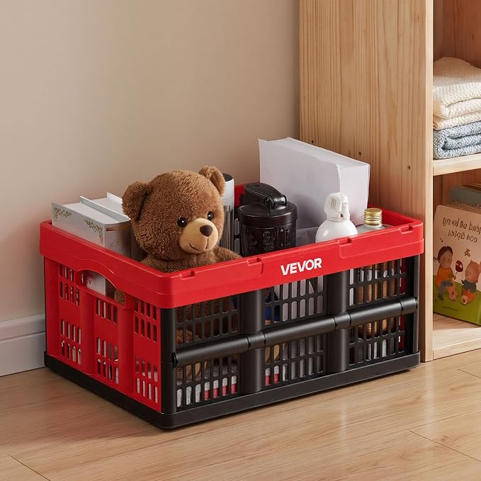 VEVOR Plastic Collapsible Storage Bins, 32L 3 Packs, Stackable Folding Storage Crates with Handles, Holds 26 lbs Per Bin, Foldable Heavy Duty Containers, Space-Saving Baskets, for Home Organizing