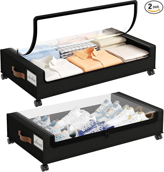 Yecaye Under Bed Storage with Wheels, 2 Pack Under the Bed Storage Containers with Lids & Label, XXL 60L Rolling Underbed Storage Drawers for Clothes, Blankets, Shoes, Black