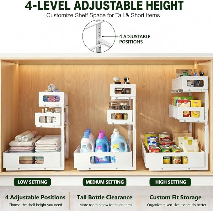 3 Tier Under Sink Organizer,1 Pack Pull Out Cabinet Shelves with Adjustable Height,Heavy Duty Carbon Steel L-Shaped Storage for Kitchen Bathroom Sink,Pantry & Laundry,White