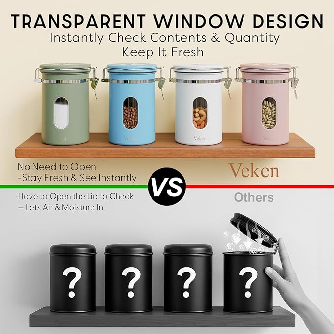 Veken Coffee Canister with Window, Airtight Stainless Steel Container, 22OZ | Date Tracker,Kitchen Food Storage Organizers for Beans, Ground, Espresso, Rice,Tea, Sugar,Cereal, Gifts,Lids,Jars,Scoop,Green