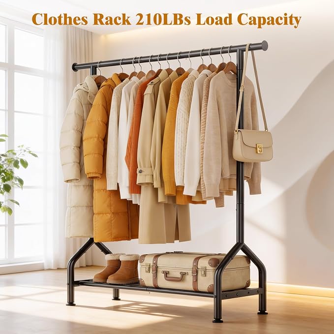 EAGMAK Sturdy Clothing Racks with Shelf, Metal Clothes Rack with Leveling Feet for Hanging Clothes, Freestanding Garment Coat Rack for Bedroom, Apartment & Small Spaces, Black