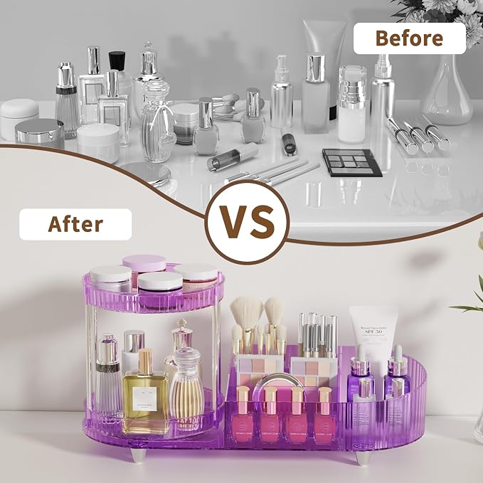 360 Rotating Vanity Makeup Organizer, 2 Small Trays & 5 Compartments for Cosmetics, Skincare, Perfume, Lipstick & Make up Brushes Holder, Purple Countertop Organizers and Storage for Dresser, Bathroom